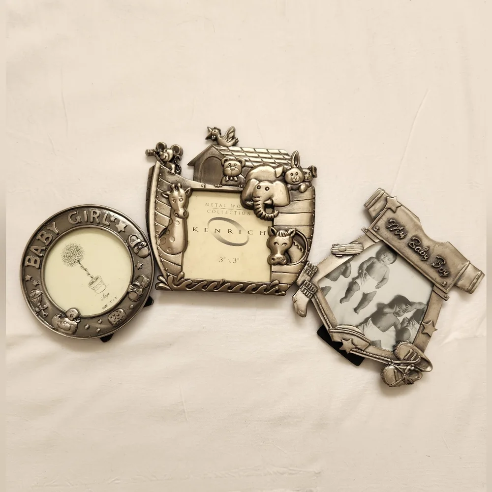 Vintage Pewter Noah’s Ark Picture Frame, Baby Girl & Baby Boy Frame